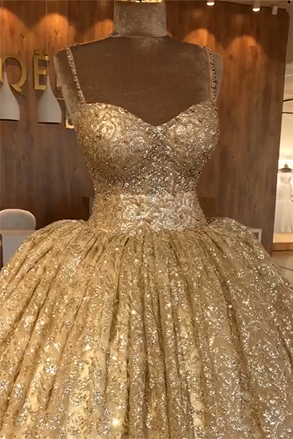 stylesnuggle offers Spaghetti Straps Gold Beaded Lace Evening Dress Luxurious Ball Gown Princess Open Back Prom Party Gowns at a cheap price from Tulle, Lace to Ball Gown Floor-length hem. Gorgeous yet affordable Sleeveless Prom Dresses, Evening Dresses.