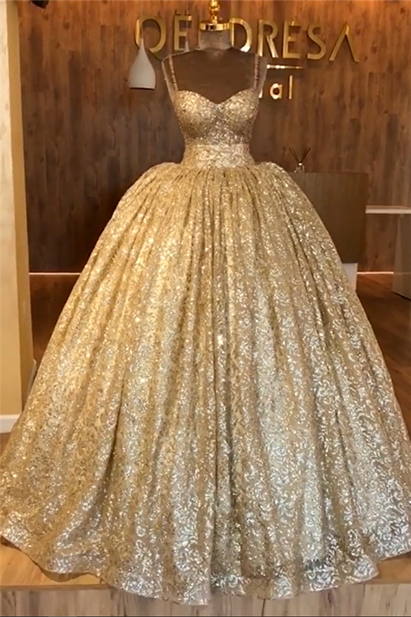 stylesnuggle offers Spaghetti Straps Gold Beaded Lace Evening Dress Luxurious Ball Gown Princess Open Back Prom Party Gowns at a cheap price from Tulle, Lace to Ball Gown Floor-length hem. Gorgeous yet affordable Sleeveless Prom Dresses, Evening Dresses.