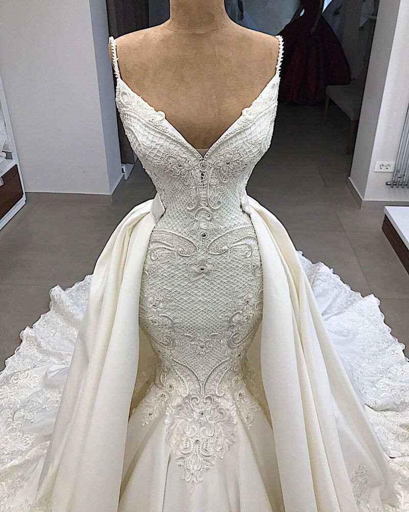 stylesnuggle custom made you this Spaghetti Straps Lace Fit and Flare Wedding Dresses at factory price, fast delivery worldwide.