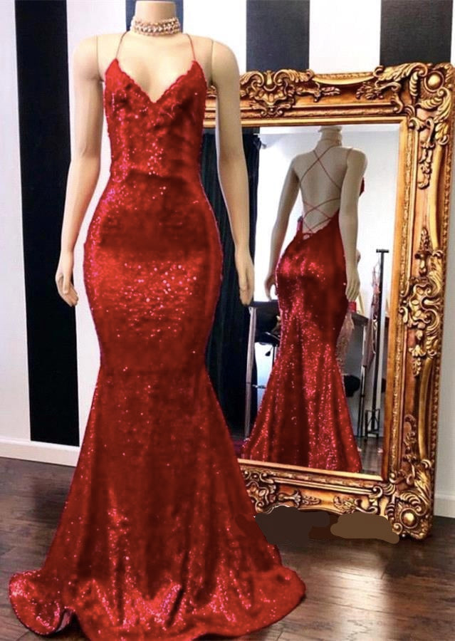 Looking for Prom Dresses, Evening Dresses, Real Model Series in Sequined,  Mermaid style,  and Gorgeous Sequined work? stylesnuggle has all covered on this elegant Spaghetti Straps Lace-up Red Sequins V-neck Mermaid Prom Dresses.