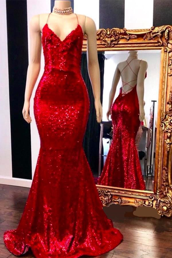 Spaghetti Straps Lace-up Red Sequins V-neck Mermaid Prom Dresses-stylesnuggle