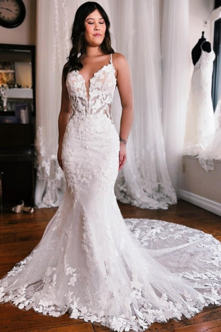 Spaghetti Straps Mermaid Floor Length Lace Wedding Dresses with Chapel Train-stylesnuggle