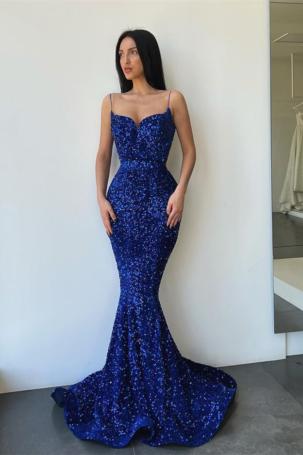 Spaghetti-Straps Royal Blue Mermaid Prom Dress Sweetheart With Split Sequins-stylesnuggle