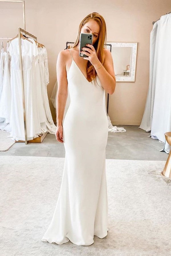 This Spaghetti Straps V-neck Sheath Wedding Dresses Modern Backless Bridal Gowns at stylesnuggle comes in all sizes and colors. Shop a selection of formal dresses for special occasion and weddings at reasonable price.