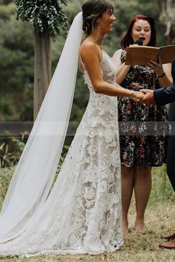 Looking for a dress in Lace, Column style, and Amazing Lace work? We meet all your need with this Classic Spaghetti Straps White Floral Lace Simple Wedding Dress.