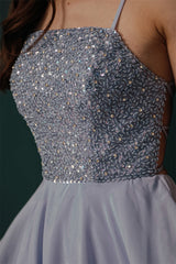 Sparkle Beaded Silver Halter Short Criss-cross Homecoming Dress-stylesnuggle