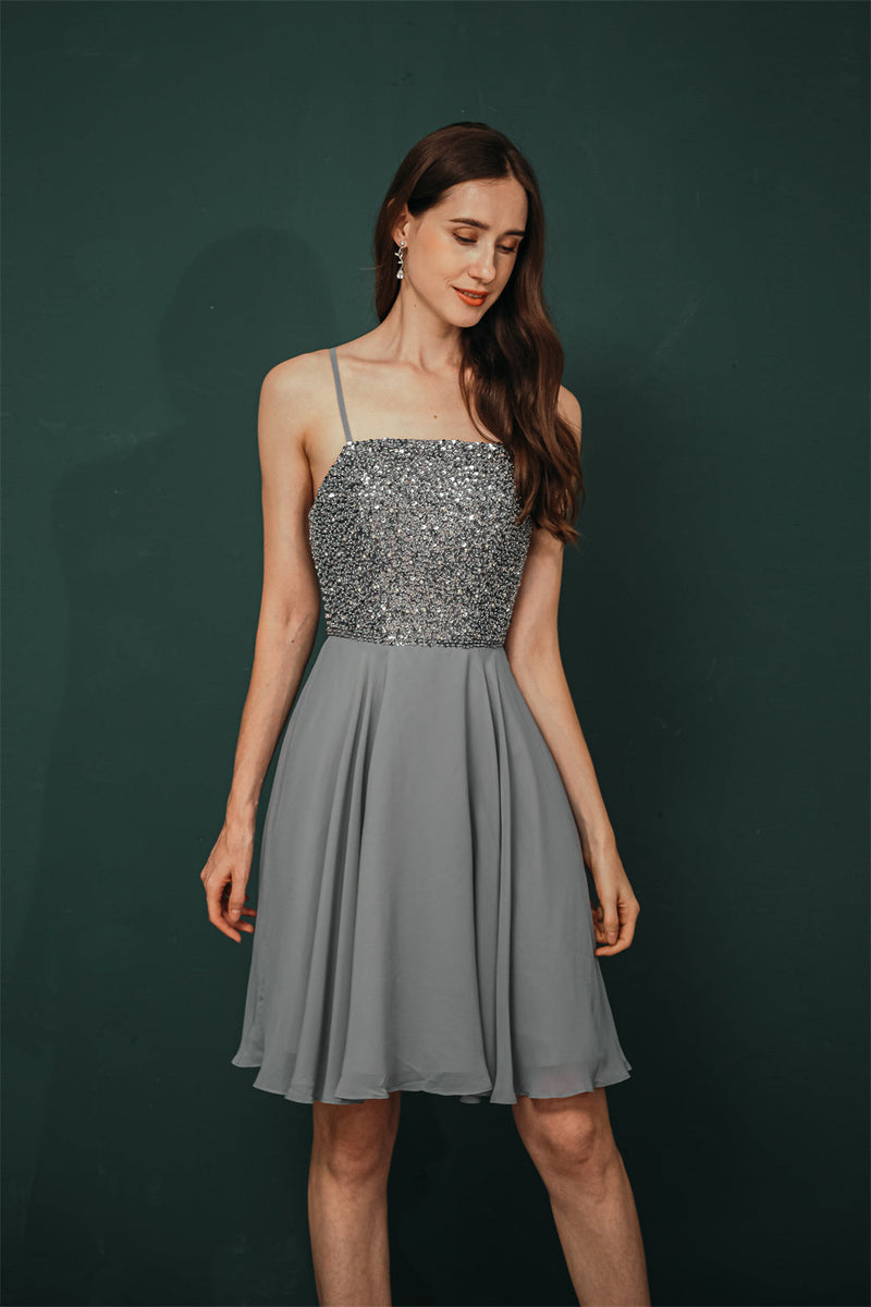 Sparkle Beaded Silver Halter Short Criss-cross Homecoming Dress-stylesnuggle