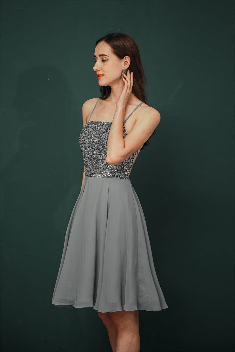 Sparkle Beaded Silver Halter Short Criss-cross Homecoming Dress-stylesnuggle