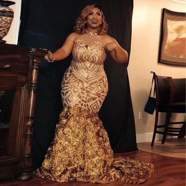 stylesnuggle offers Sparkle Golden Sequined High neck Plus size Mermaid Prom Party Gowns with Flower Train at a cheap price from Sequined to Mermaid Floor-length hem. Gorgeous yet affordable Sleeveless Prom Dresses.