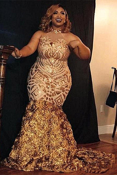 stylesnuggle offers Sparkle Golden Sequined High neck Plus size Mermaid Prom Party Gowns with Flower Train at a cheap price from Sequined to Mermaid Floor-length hem. Gorgeous yet affordable Sleeveless Prom Dresses.