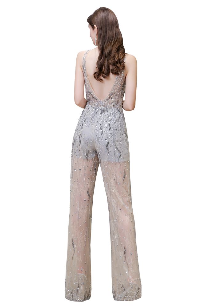 Looking for Prom Dresses, Evening Dresses, Homecoming Dresses, Quinceanera dresses in Tulle, Sequined, Lace,  style,  and Gorgeous Lace, Beading, Crystal, Sequined work? stylesnuggle has all covered on this elegant Sparkle Illusion High neck See-through Prom Jumpsuit.