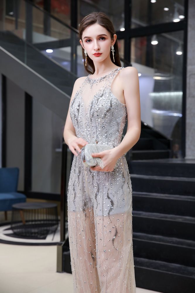 Looking for Prom Dresses, Evening Dresses, Homecoming Dresses, Quinceanera dresses in Tulle, Sequined, Lace,  style,  and Gorgeous Lace, Beading, Crystal, Sequined work? stylesnuggle has all covered on this elegant Sparkle Illusion High neck See-through Prom Jumpsuit.