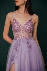 Sparkle Lilac Tulle High-split Spaghetti Strap Prom Dress-stylesnuggle