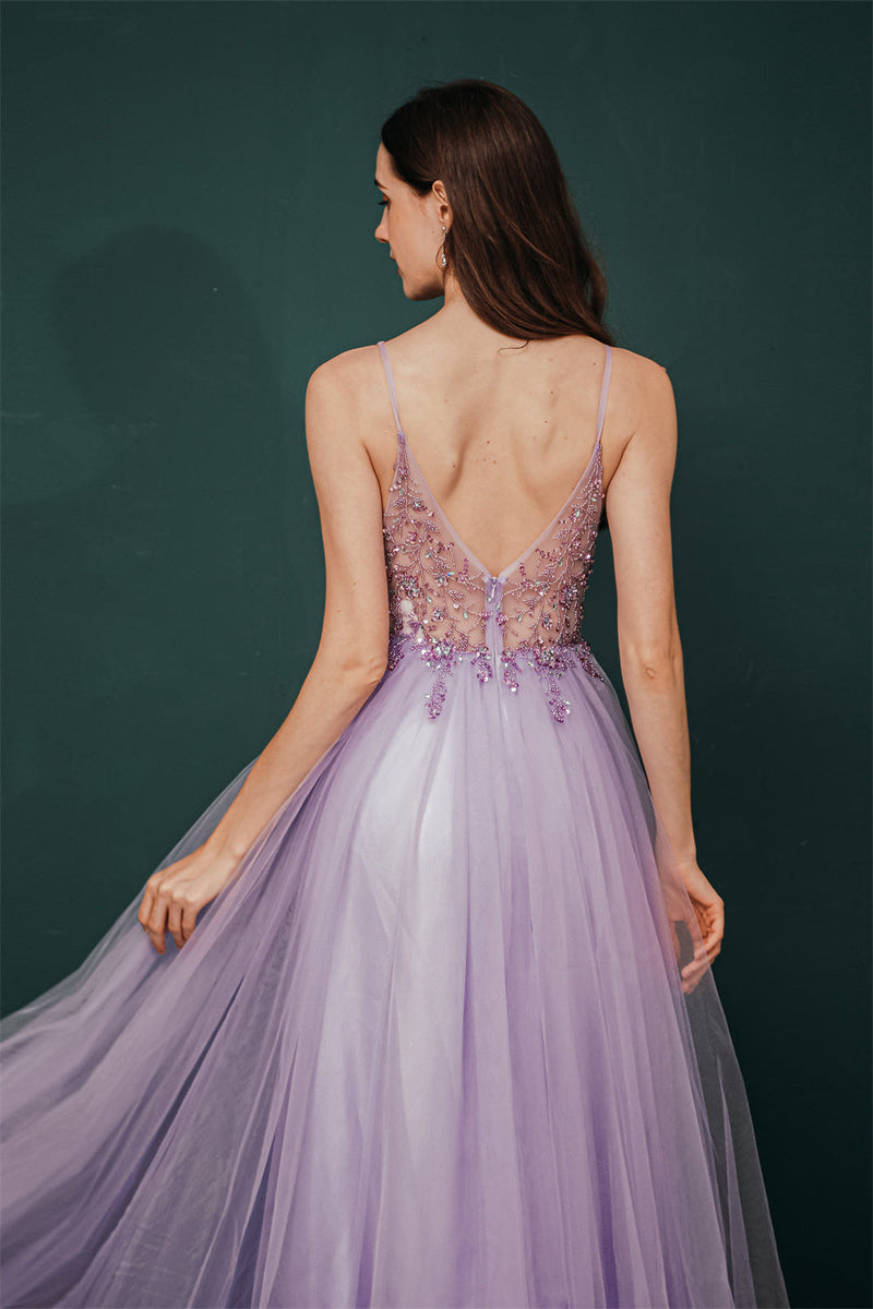 Sparkle Lilac Tulle High-split Spaghetti Strap Prom Dress-stylesnuggle