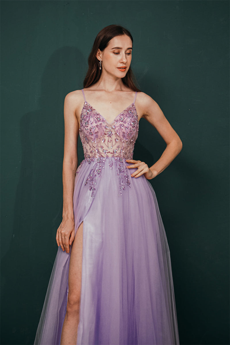 Sparkle Lilac Tulle High-split Spaghetti Strap Prom Dress-stylesnuggle