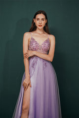 Sparkle Lilac Tulle High-split Spaghetti Strap Prom Dress-stylesnuggle