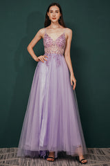 Sparkle Lilac Tulle High-split Spaghetti Strap Prom Dress-stylesnuggle