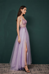 Sparkle Lilac Tulle High-split Spaghetti Strap Prom Dress-stylesnuggle