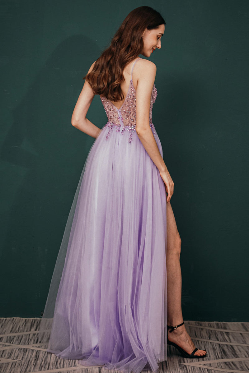 Sparkle Lilac Tulle High-split Spaghetti Strap Prom Dress-stylesnuggle