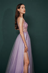 Sparkle Lilac Tulle High-split Spaghetti Strap Prom Dress-stylesnuggle