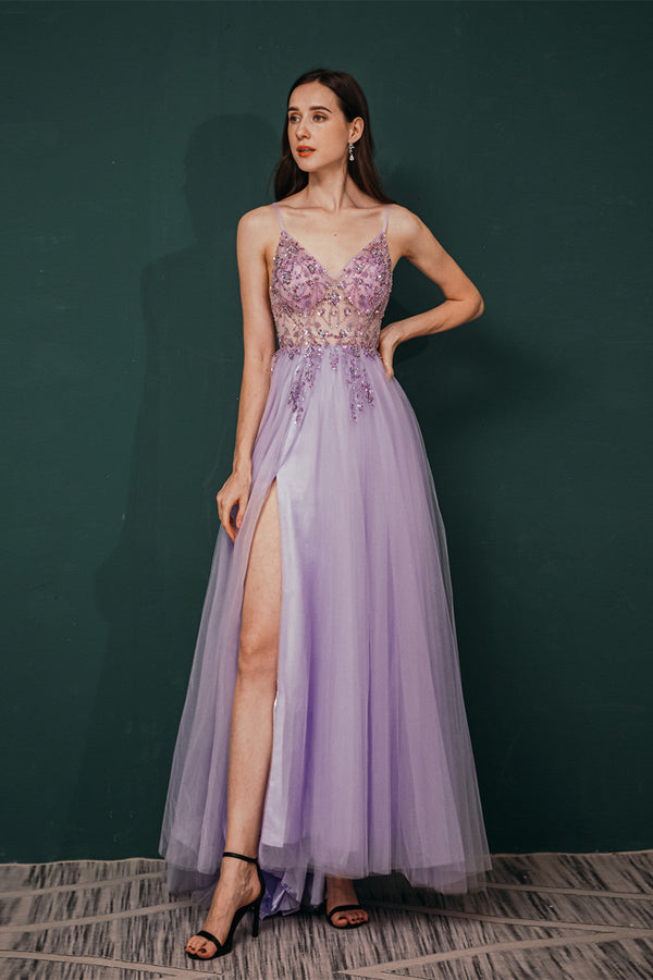 Sparkle Lilac Tulle High-split Spaghetti Strap Prom Dress-stylesnuggle