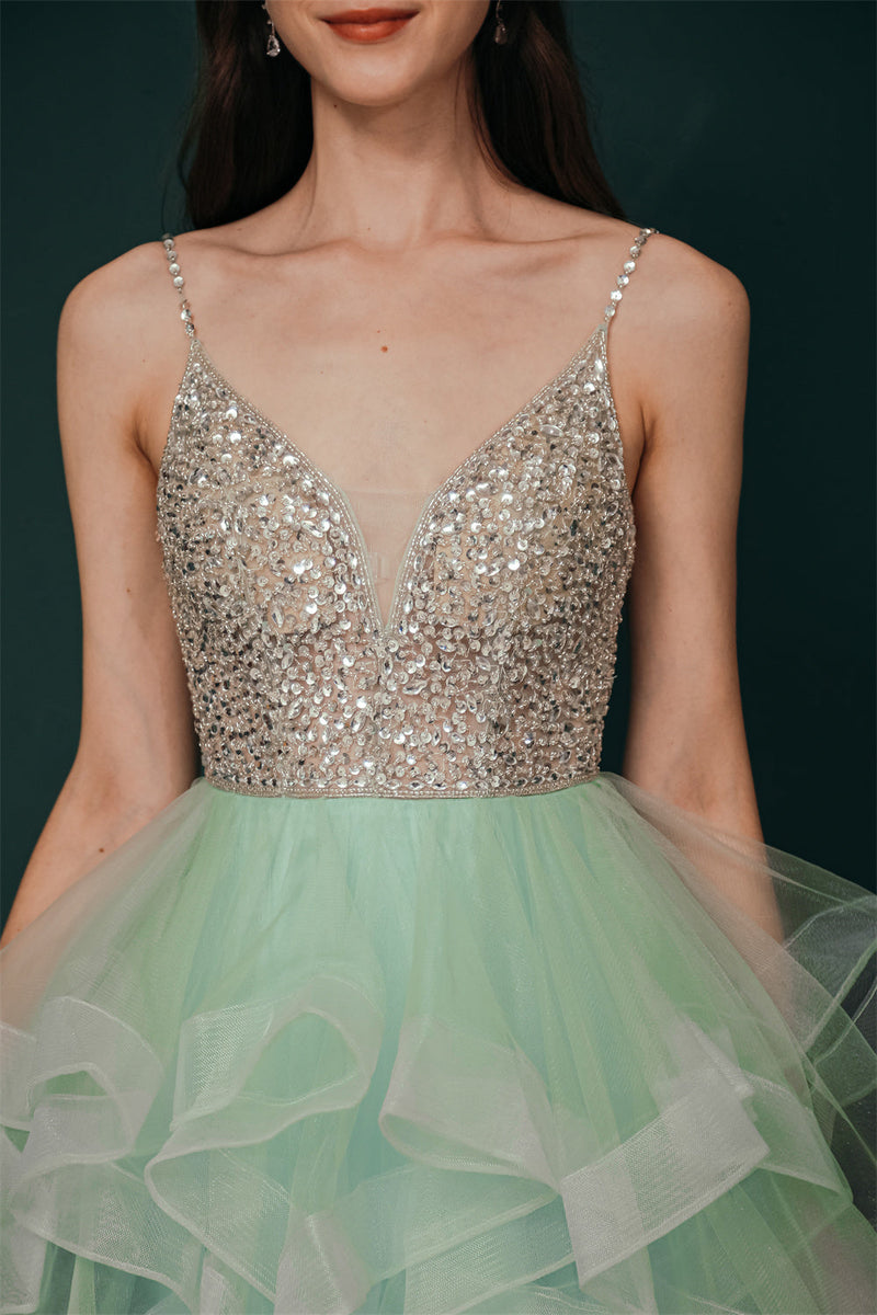 Sparkle Mint Green SPAGHETTI STRAP Beaded Homecoming Dress-stylesnuggle