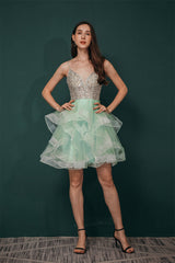 Sparkle Mint Green SPAGHETTI STRAP Beaded Homecoming Dress-stylesnuggle