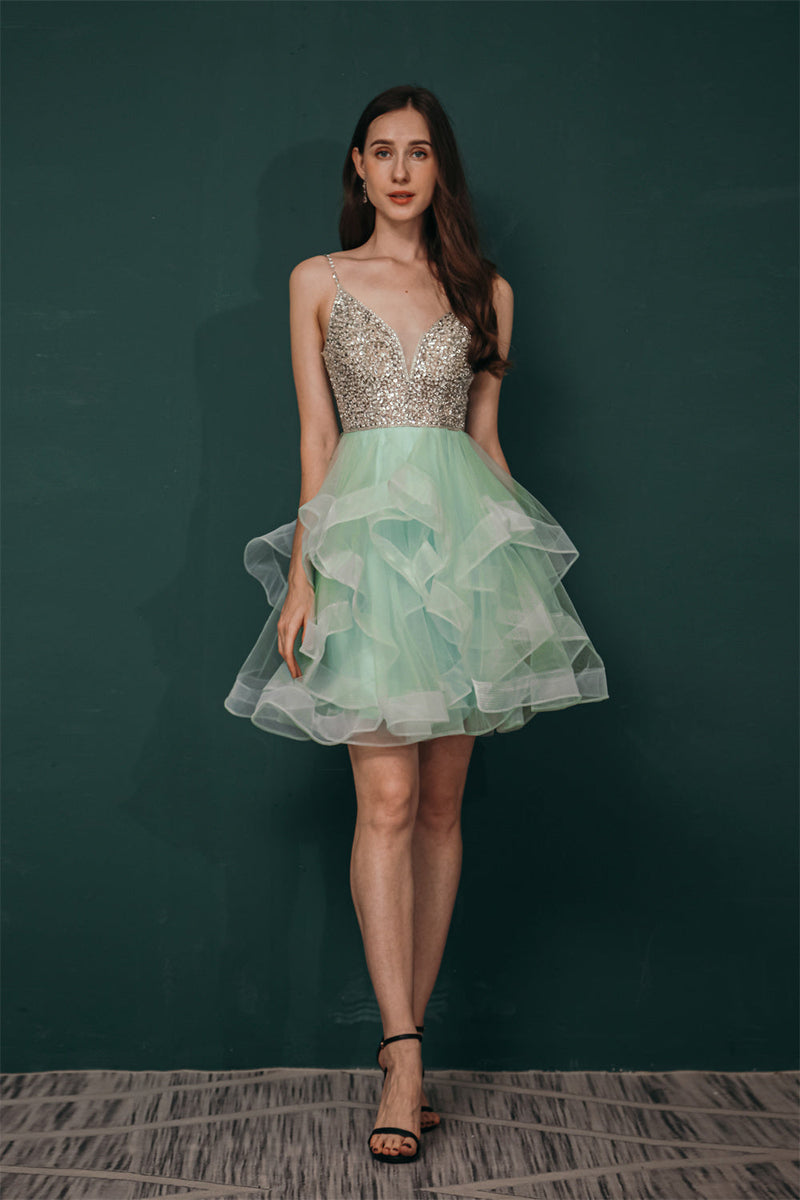 Sparkle Mint Green SPAGHETTI STRAP Beaded Homecoming Dress-stylesnuggle