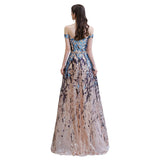 Looking for Prom Dresses, Evening Dresses, Homecoming Dresses, Quinceanera dresses in Tulle, Sequined,  A-line style,  and Gorgeous Ribbons, Rhinestone,  work? stylesnuggle has all covered on this elegant Sparkle Off-the-Shoulder Rainbow sequin A-line Long Prom Dress.