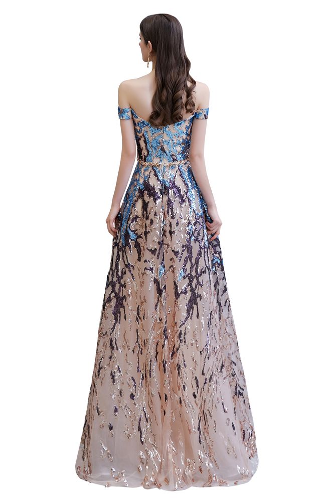 Looking for Prom Dresses, Evening Dresses, Homecoming Dresses, Quinceanera dresses in Tulle, Sequined,  A-line style,  and Gorgeous Ribbons, Rhinestone,  work? stylesnuggle has all covered on this elegant Sparkle Off-the-Shoulder Rainbow sequin A-line Long Prom Dress.