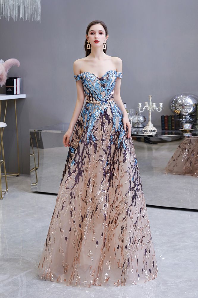 Looking for Prom Dresses, Evening Dresses, Homecoming Dresses, Quinceanera dresses in Tulle, Sequined,  A-line style,  and Gorgeous Ribbons, Rhinestone,  work? stylesnuggle has all covered on this elegant Sparkle Off-the-Shoulder Rainbow sequin A-line Long Prom Dress.