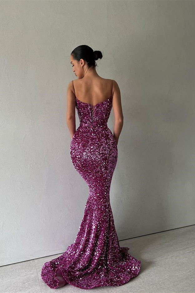 Sparkle Purple Spaghetti Strap Sequin Mermaid Long Prom Dresses-stylesnuggle