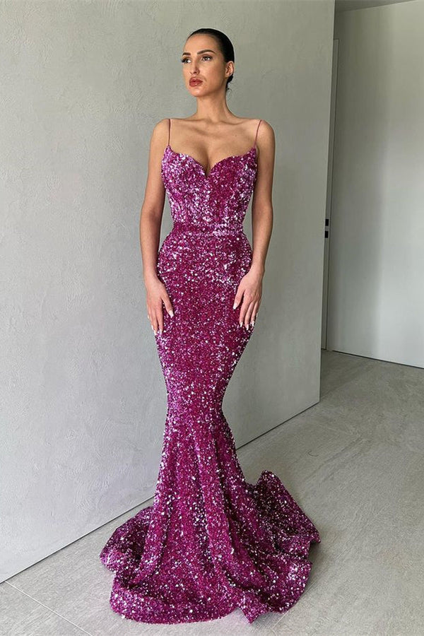 Sparkle Purple Spaghetti Strap Sequin Mermaid Long Prom Dresses-stylesnuggle