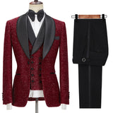 stylesnuggle custom made this Sparkle Red Three Pieces Wedding Suits with Black Shawl Lapel with rush order service. Discover the design of this Red Solid Shawl Lapel Single Breasted mens suits cheap for prom, wedding or formal business occasion.