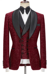 stylesnuggle custom made this Sparkle Red Three Pieces Wedding Suits with Black Shawl Lapel with rush order service. Discover the design of this Red Solid Shawl Lapel Single Breasted mens suits cheap for prom, wedding or formal business occasion.