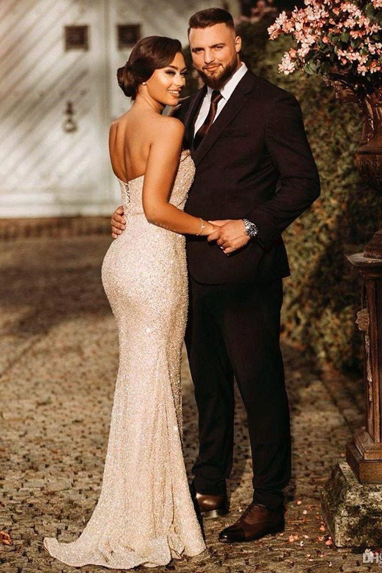 Sparkle Sequin Strapless Column High Split Long Prom Dresses-stylesnuggle