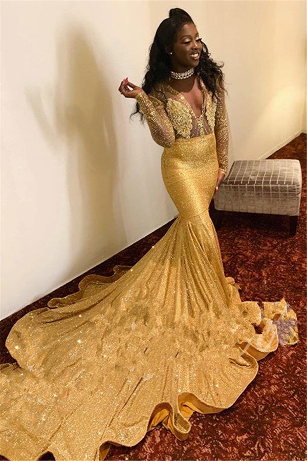 stylesnuggle offers Sparkling Appliques Fit and Flare Prom Dresses Alluring Chic V-neck Gold Long Sleeves Evening Gowns On Sale at an affordable price from to Mermaid skirts. Shop for gorgeous  collections for your big day.