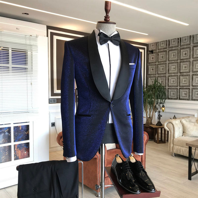 Discover Sparkly Navy Blue Shawl Lapel Wedding Suits with Black Lapel with stylesnuggle. Shop for a range of Dark Navy Shawl Lapel Men Suits for every occasion with rush order service in cheap price.