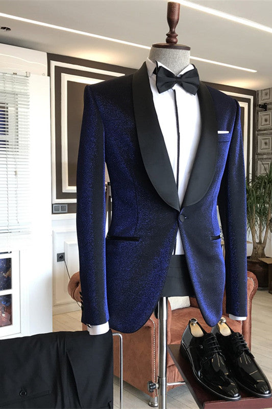 Discover Sparkly Navy Blue Shawl Lapel Wedding Suits with Black Lapel with stylesnuggle. Shop for a range of Dark Navy Shawl Lapel Men Suits for every occasion with rush order service in cheap price.