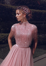 stylesnuggle offers Special High Neck Tassel Beading Cap Sleeves Princess Prom Dresses Blushing Pink Evening Gowns at cheap prices from Organza to A-line Floor-length. They are Gorgeous yet affordable Short Sleeves Prom Dresses. You will become the most shining star with the dress on.