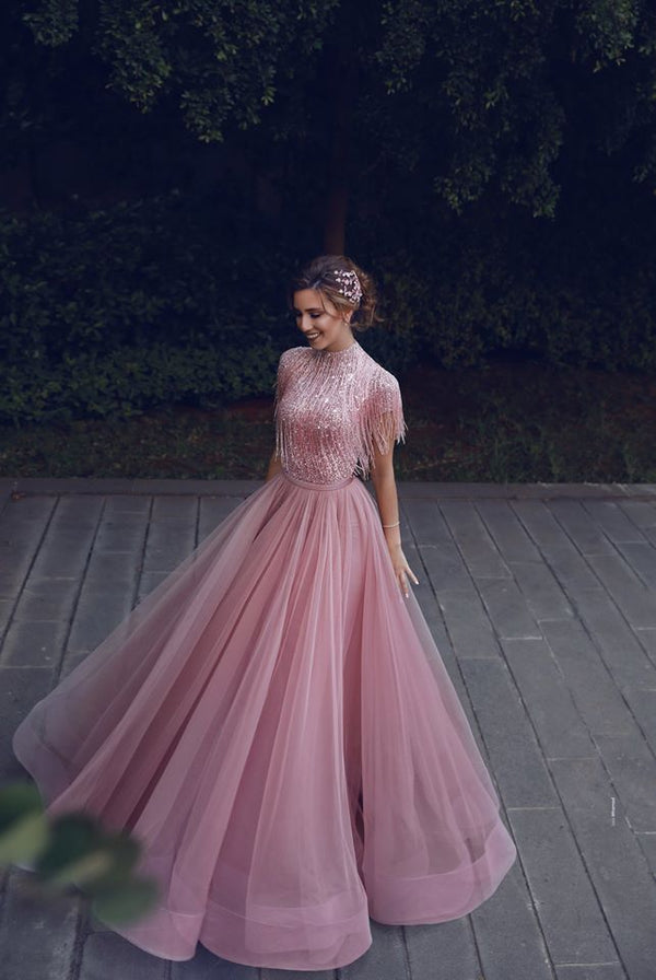 stylesnuggle offers Special High Neck Tassel Beading Cap Sleeves Princess Prom Dresses Blushing Pink Evening Gowns at cheap prices from Organza to A-line Floor-length. They are Gorgeous yet affordable Short Sleeves Prom Dresses. You will become the most shining star with the dress on.