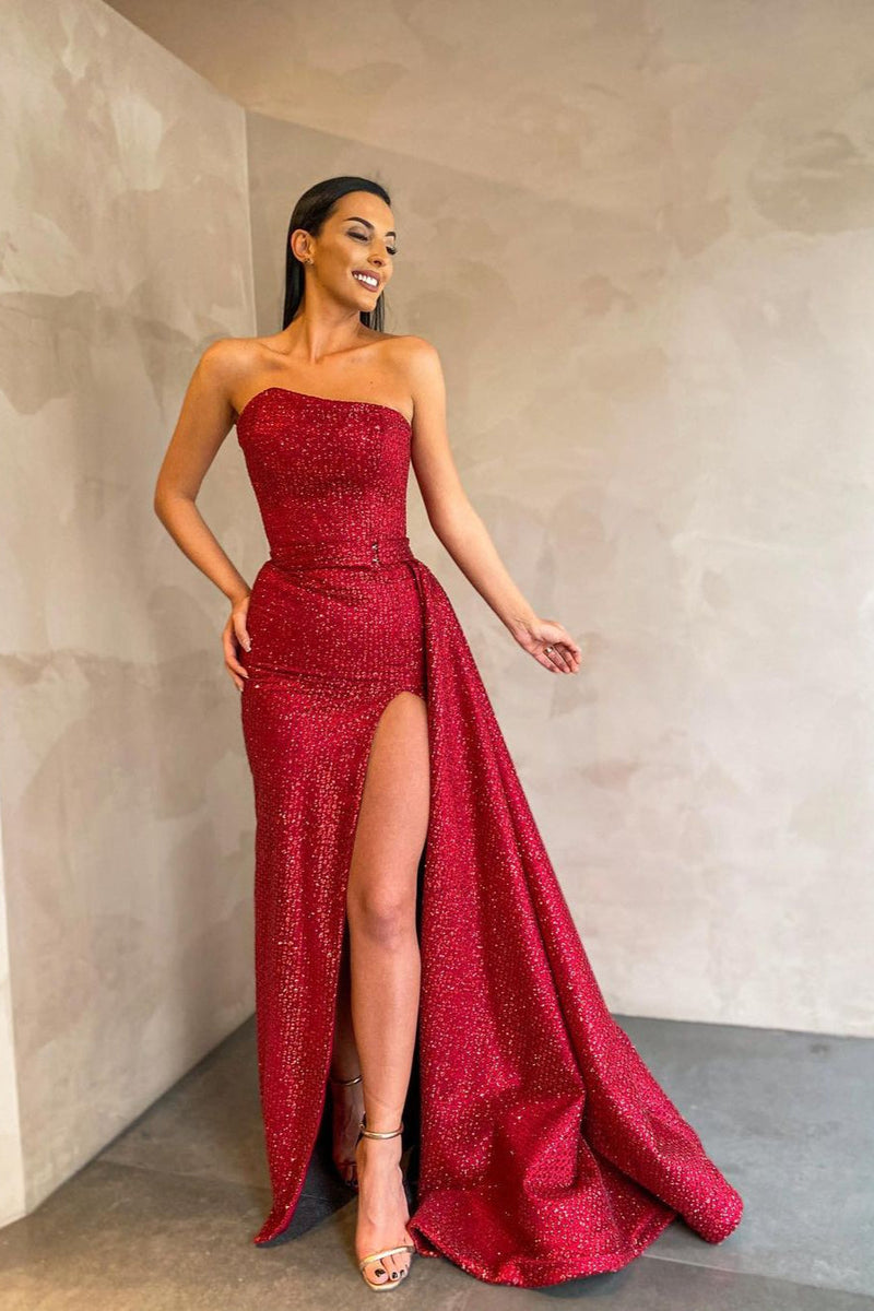 Special Strapless Sexy Front Slit Evening Dress Red Long-stylesnuggle