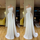 Strapless Creamy White High-split Pleated Long Prom Dress-stylesnuggle