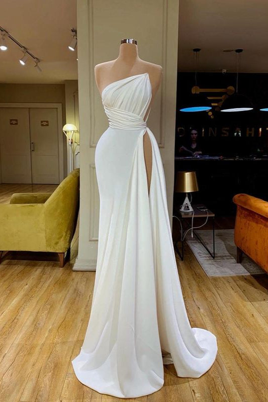 Strapless Creamy White High-split Pleated Long Prom Dress-stylesnuggle