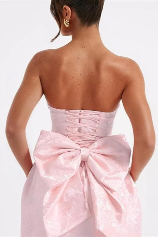 Strapless Ruched Satin SHort Party Dress Backless Jacquard Homecoming Dress with Bow - Prom Dresses