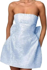 Strapless Ruched Satin SHort Party Dress Backless Jacquard Homecoming Dress with Bow - Prom Dresses