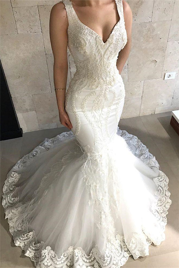 Straps Fit and Flare Beads Appliques Wedding Dresses Sleeveless Tulle Lace Bridal Gowns-stylesnuggle