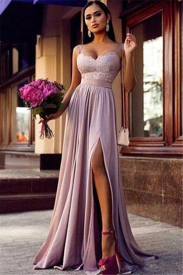 Customizing this New Arrival Straps Lace Slit Prom Party Gowns Sleeveless Lavender Long Formal Chic Evening Gown on stylesnuggle. We offer extra coupons,  make Prom Dresses in cheap and affordable price. We provide worldwide shipping and will make the dress perfect for everyone.