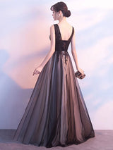 Black Evening Dresses Long V Neck Lace Tulle Sleeveless A Lien Floor Length Formal Evening Dress