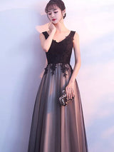 Black Evening Dresses Long V Neck Lace Tulle Sleeveless A Lien Floor Length Formal Evening Dress